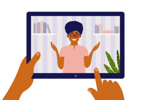 Distance education, e-learning and online video courses concept. Hands hold digital tablet with talking female teacher. Student studying remotely. Webinar, internet lesson class vector illustration.
